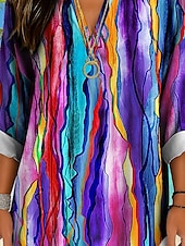 cheap Stripe&amp;Geometric Tops-Women&#039;s Shirt Cotton Linen Shirt Blouse Ombre Graphic Geometric Daily Hawaiian Business Long Sleeve V Neck Regular Tops Work Daily Holiday Buttons Print Black And White Yellow Red Purple Green Summer