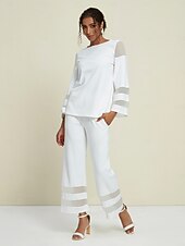 billiga Tvådelade set-Dam Vardaglig stil Chiffong Huvudstad Enfärgad / vanlig färg Dagliga kläder Datum Utekväll Illusion ärm Svart Vit Marinblå Crewneck Ren färg Ledig Långärmad Elegant Ledigt vardag Rund hals Vår