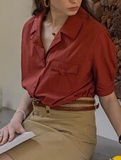 preiswerte Damen Einfache Oberteile-Damen Hemd Bluse Einfach Modern Lässig Kurzarm Hemdkragen Normale Oberteile Ferien Ausgehen Tasche Knöpfe Wein Sommer