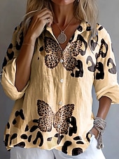 abordables Animaux Tops-Femmes Chemise Graphique Léopard Papillon ancien Tropical Quotidien manche longue Col en V Col de chemise Hauts Réguliers Travail Quotidien Boutons Imprimé Marron Kaki Arc-en-ciel Été Printemps