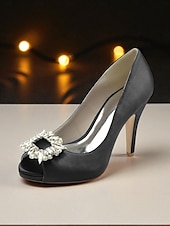 クリスタルバックル付きレディースサテンピープトゥパンプス - カクテルパーティーや夜のイベントに最適な、クラシックな女性用ハイヒールドレスシューズ お買い得  カクテル-クリスタルバックル付きレディースサテンピープトゥパンプス - カクテルパーティーや夜のイベントに最適な、クラシックな女性用ハイヒールドレスシューズ