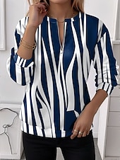 abordables Hauts Rayés et Géométriques-Pull à fermeture éclair quart pour femmes graphique rayé décontracté à manches longues col rond tops réguliers vêtements de rue port quotidien impression à moitié bleu violet marron vert automne hiver