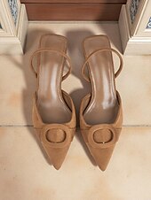 levne Kočičí podpatky-Dámské hnědé semišové boty s úzkým podpatkem - elegantní elegantní špičatá špička s přezkou, ideální do kanceláře, na svatby a formální večírky.