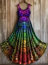 tanie Sukienki boho-damska sukienka maxi merkabah drzewo życia sukienka letnia sukienka o prostym kroju sukienka plisowana sukienka wakacyjna swobodna boho codzienna na wakacje plaża regularny krój graficzny bez rękawów