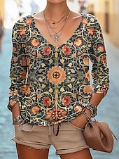 ieftine tricou boho-Pentru femei Bluză Floral Boemia Zilnic Manșon Lung În V Topuri obișnuite Zilnic Concediu Imprimeu Negru Alb Roșu-aprins Bleumarin Verde Smarald Vară Primăvară Toamnă