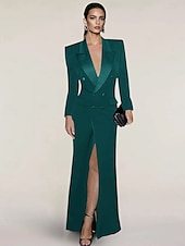 baratos Comprimento do chão-Vestido Blazer Vestido de Noite Sereia  Trompete Vestido Elegante Vestido de Tuxedo Listrado Fechamento com Zíper Convidada de Casamento Formal Comprimento até o Chão Manga Longa Gola de pico Cetim