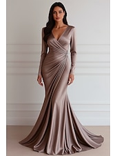 ieftine Rochii de seară sirenă-Rochie de Seară Sirenă  Trompetă Rochie Elegantă Rochie Formală de Nuntă Lungime Întreaga Mâneci Lungii Decolteu în V Rochie Satin Elastic cu Plisaje