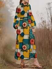 billiga Blommig klänning-Dam Midiklänning Vardagsklänning Chiffong Swingklänning Modern Semester Dagligen Helgen Normal Blommig Geometrisk Långärmad V-hals Rodnande Rosa Blå Grön Sommar Vår Höst