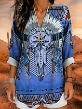 preiswerte Damen Boho Tops-Damenshirt Langarm Tunika Tops Grafik Geometrisch Totenkopf Bohemia Vintage Tropisch V-Ausschnitt Regelmäßige Tops Täglicher Urlaub Strandmode Druck Gelb Rot Blau Lila Grün Sommer Frühling