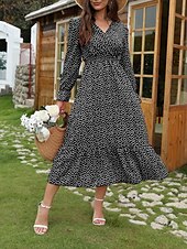 preiswerte Elegante Blumenkleider-Damen Langes Kleid Maxikleid Freizeitkleid Druckkleid Mode Modern Täglich Strand Wochenende Normale Passform Blume Langarm V Ausschnitt Schwarz Rote Blau Grün Sommer Frühling Herbst