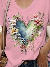abordables T-shirt floral-Femmes T-shirt Cœur Fleuri Graphique ancien Mode Hawaïen Manche Courte Col en V Hauts Réguliers Quotidien Sortir Week-end Imprimé Noir Blanche Jaune Rose Claire Bleu Été Printemps