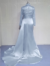 billiga Ballgowns för kvällsbruk-Sjöjungfru trumpet Svepsläp Telång Kvälls klänningar Balklänning med överkjol Formell klädsel Elegant Sidoslits Silkig Långärmad Hög hals Formell Satäng Paljetter med Pärldetaljer Paljett