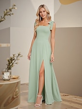 abordables Robes de demoiselle d&#039;honneur-Robe de demoiselle d&#039;honneur trapèze, col carré, sans manches, dos ouvert, longueur au sol, en mousseline, avec nœud(s)
