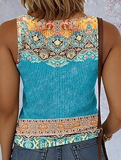 billige Boho tank topp-Dame Camisole Tank Top Grafisk Geometrisk Årgang Stilfull Etnisk Ermeløs V-hals Vanlige topper Daglig Trykt mønster Gul Blå Lilla Grønn Sommer Vår