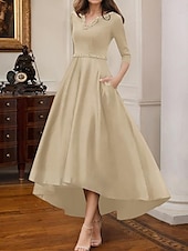 abordables Robes de cocktail-Robe de cocktail trapèze élégante, robe de soirée formelle, longueur thé, robe asymétrique, manches mi-longues, col en V, satin extensible avec poche à perles, 2025
