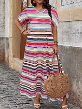 abordables Robes Rayés et Géométriques-Femmes Robe maxi Robe trapèze Occasionnel Extérieur Plage Coupe Ample Rayure Manche Courte Col en V Rose Claire Rouge Bleu Violet Été Printemps
