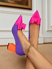 preiswerte 1950er Jahre-Damen-Pumps mit Schleife im Retro-Stil der 1950er Jahre im Farbblock-Stil – leuchtend rosa und lila Pumps mit Blockabsatz und spitzer Zehenpartie für Partys und Ausgehen &amp;Mode-Events