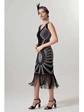 abordables Robes-Rétro Vintage Années Folles Années 1920 Midi Robe Charleston Robe de cocktail Gatsby le Magnifique Fille Flapper Paillettes Frange Col en V Femmes Noël Halloween Carnaval Mariage Soirée Mascarade