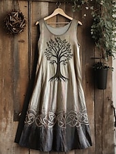billige Boho-kjoler-dame vintage viking keltisk knute gradient kunst midikjole sommerkjole A-linjekjole ferie avslappet bohemsk bryllupsfest ute vanlig passform blomsterprint grafisk blad ermeløs U-hals