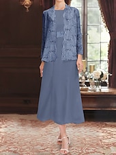 tanie Z kurtką-cekinowa koronkowa dwuczęściowa sukienka dla matki panny młodej elegancka prosta luksusowa szyfonowa łódkowata z dekoltem midi długość bez rękawów z długim rękawem żakiet 2025