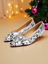 cheap Nightlife Party-Women&#039;s Silver Sequin Pointed Toe Flats - Sparkly Slip-On Dress Shoes for Cocktail Parties and Evening Events