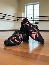 baratos Sapatos de Dança Latina-Sapatos de dança femininos com cadarço e flores pretas e vermelhas - salto grosso, sapatos profissionais para prática de salão de baile para dançarinas e treinamento latino