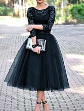preiswerte Cocktailkleider-A-Linie Cocktailkleider Elegantes Kleid Knöchellang 3/4 Ärmellänge Juwel-Ausschnitt Herbst Hochzeitsgast Tüll mit Falten Spitzen-Einsatz Kleider