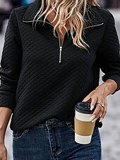 tanie Teksturowane bluzy i swetry-Damskie Bluza z kapturem i bluzą Równina Moda miejska Codzienny Wygodny Długi rękaw W serek Zwykłe topy Ulica Święto Wyjściowe Quarter Zip Czarny Jesień