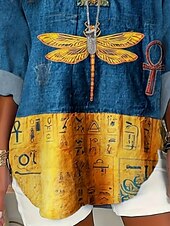 preiswerte Damen Boho Tops-Damen Hemd Libelle Täglich Lässig Langarm V Ausschnitt Normale Oberteile Täglich Ferien Knöpfe Druck Gelb Frühling Herbst