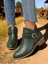 abordables Botines-Botines marrones de piel sintética para mujer: botines de tacón bajo con hebilla y cremallera lateral para salidas de otoño, paseos por el campo y uso diario.