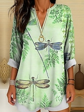 abordables Animaux Tops-Femmes Chemisier Graphique Animal Libellule ancien Tropical Quotidien manche longue Col en V Hauts Longs Quotidien Fête Tenue de plage Imprimé Champagne Rose Claire Bleu Violet Vert Été Printemps