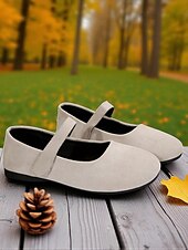 preiswerte Ballerinas für Damen-Beige Mary-Jane-Ballerinas mit weiter Spitze für Damen – bequeme Schuhe aus weichem Wildlederimitat für Freizeitausflüge, Spaziergänge im Garten und den Alltag