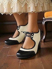 olcso 1950-es évek retró stílusa-női, 1930-as évek ihlette, kétszínű, fűzős oxford magassarkú – retró műbőr vastag cipők vintage őszi és téli szettekhez és teadélutánokhoz