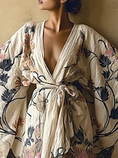 tanie Sukienki boho-damska długa sukienka maxi sukienka boho sukienka na co dzień sukienka rozkloszowana sukienka letnia vintage wakacje codzienna plaża regularny krój kwiatowy długi rękaw dekolt w serek biały lato wiosna jesień