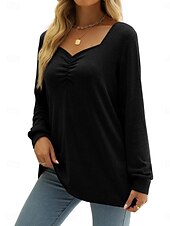 ieftine tricou simplu-Pentru femei Bluză Culoare solidă Stilat Casual Manșon Lung În V Topuri obișnuite Zilnic Negru Albastru piscină Portocaliu Bej Vară Primăvară
