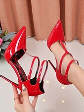 abordables Fête de la Vie Nocturne-Escarpins à talons aiguilles en cuir verni blanc pour femmes avec double bride - Escarpins à bout pointu sexy pour la vie nocturne et les soirées en club