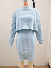 levne Pletené šaty-Dámské Sada šatů Slip Dress Na běžné nošení Semiformální šaty Bez vzoru Design Mini šaty Dlouhý rukáv Tričkový Venkovní Rande Černá Nebeská modř Meruňková Jaro Podzim Běžný