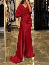 cheap YELLOW-Sheath Evening Gown Elegant Dress Formal Sweep / Brush Train Half Sleeve V Neck Satin with Pleats Ruched Crystals