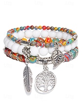 economico Bracciale da donna-Set di bracciali da donna in stile boho con perline turchesi, con ciondolo a forma di albero della vita e piuma, elastico, perline in pietra naturale, adatti per abbigliamento casual, feste e regali.