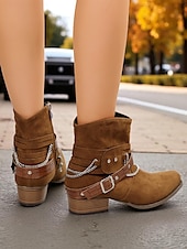 abordables Bottines-Bottines en daim marron pour femmes avec chaîne et ceinture - bottines à talons épais de style western tendance pour les tenues décontractées et les sorties d&#039;automne