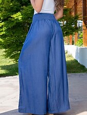 abordables jambe large et taille haute-Femmes Jambe large Slacks Occasionnel Longueur complète Naturel Uni Poches Latérales Confortable Respirabilité Décontracté Quotidien Bleu Bleu clair Printemps Automne Coupe Ample