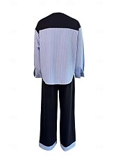 abordables Ensembles chemisiers pour femmes-Femmes Élégant ancien Quotidien Ensembles de Pantalons manche longue Col rond Rayé Patchwork Vacances Travail Occasionnel Bleu Printemps Coupe Ample