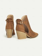 levne Cowboy &amp; Western Boots-Dámské hnědé semišové kotníkové boty s výřezem - kozačky ve westernovém vintage stylu 70. let s robustním podpatkem a bočním zipem, ideální na hudební festivaly, podzimní outfity a halloweenské