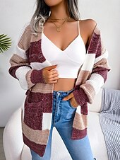 ieftine Cardigane și îmbrăcăminte exterioară-Pentru femei Pulover Bluza Elegant Modă Șic Stradă Dungi Culoare pură Deschis frontal Tricotat Manșon Lung Topuri obișnuite Tricotat În aer liber Zilnic Sfârșit de săptămână Negru Roșu Vin Toamn