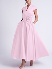 preiswerte Cocktailkleider-Strandhochzeit A-Linien Cocktailkleider Elegantes Kleid Party Tee-Länge Ärmellos V-Ausschnitt Tasche Satin mit Schleife(n) Kleidern
