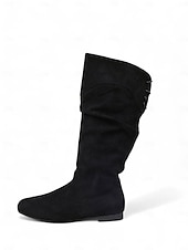 olcso Slouch Boots-női fekete művelúr térdig érő csizma állítható fűzővel – stílusos és kényelmes lábbeli mindennapi és hétköznapi viseletre