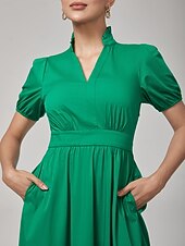 billiga Blommiga klänningar-Dam Vardagsklänning Grön Kort ärm Slät Puffärm Sommar Vår Höst V-hals Drottning Anne Elegant Modern XS S M