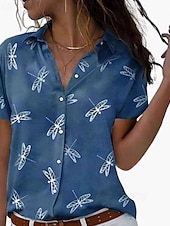 ieftine Vârfurile animalelor-Pentru femei Cămașă Bluză Floare Modern Casual Manșon scurt Guler Cămașă Topuri obișnuite Zilnic Concediu Nasturi Imprimeu Roz Îmbujorat Albastru piscină Trifoi Gri Toamnă