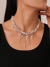 economico Collana da donna-Collana girocollo in pietra nera punk gotica da donna con ciondoli a forma di croce, cuore e stella - gioiello importante per feste, discoteche e serate fuori