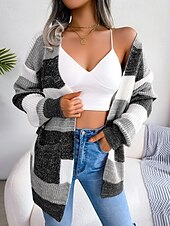 ieftine Cardigane și îmbrăcăminte exterioară-Pentru femei Pulover Bluza Elegant Modă Șic Stradă Dungi Culoare pură Deschis frontal Tricotat Manșon Lung Topuri obișnuite Tricotat În aer liber Zilnic Sfârșit de săptămână Negru Roșu Vin Toamn